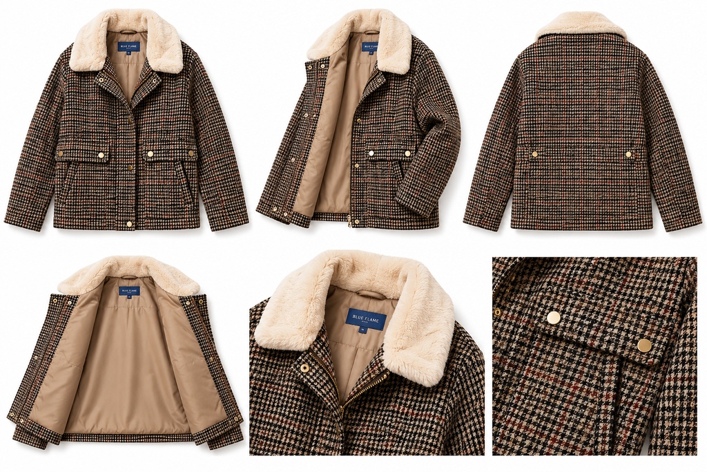 Women’s Plaid Sherpa Collar Jacket – Brown Check