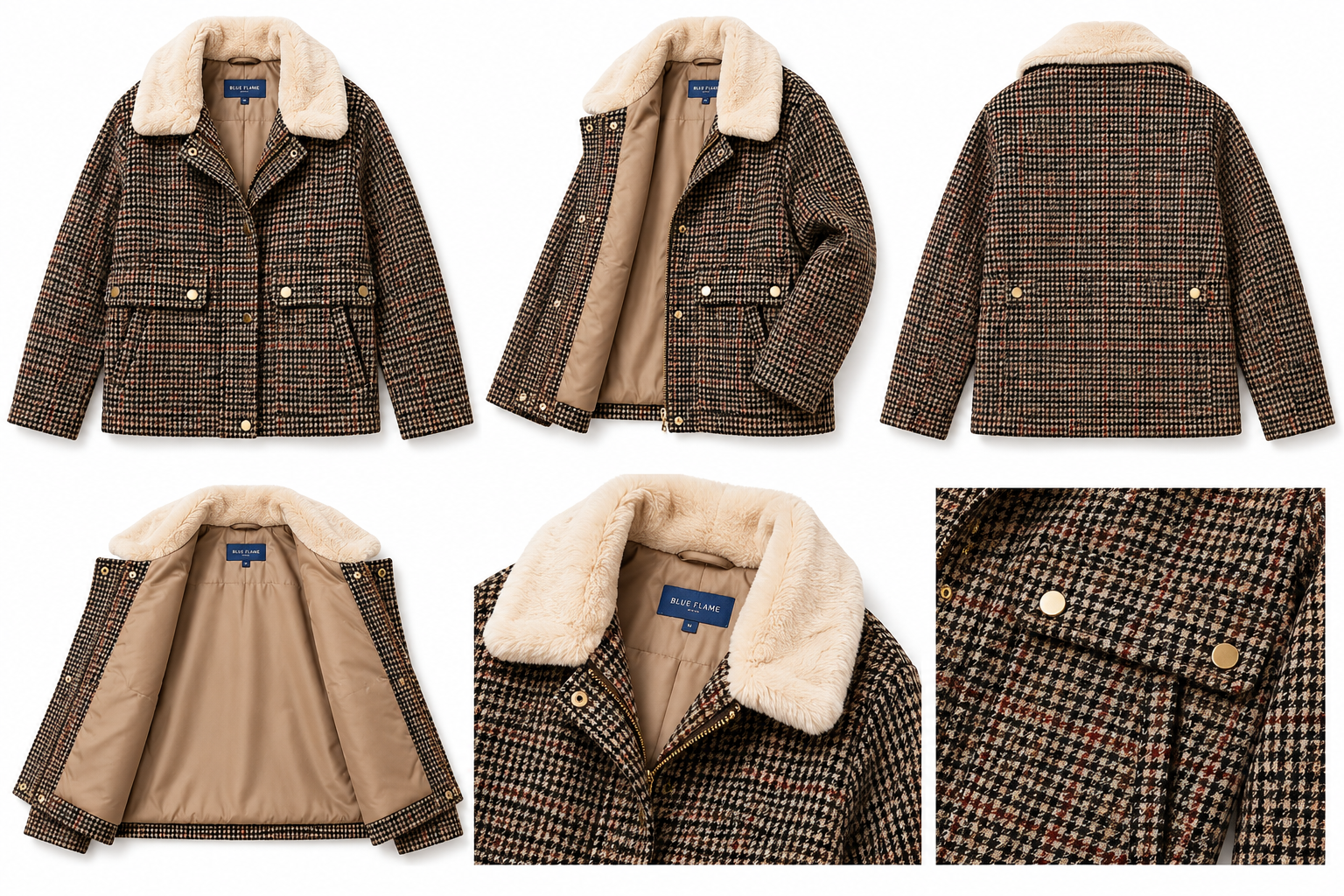 Women’s Plaid Sherpa Collar Jacket – Brown Check