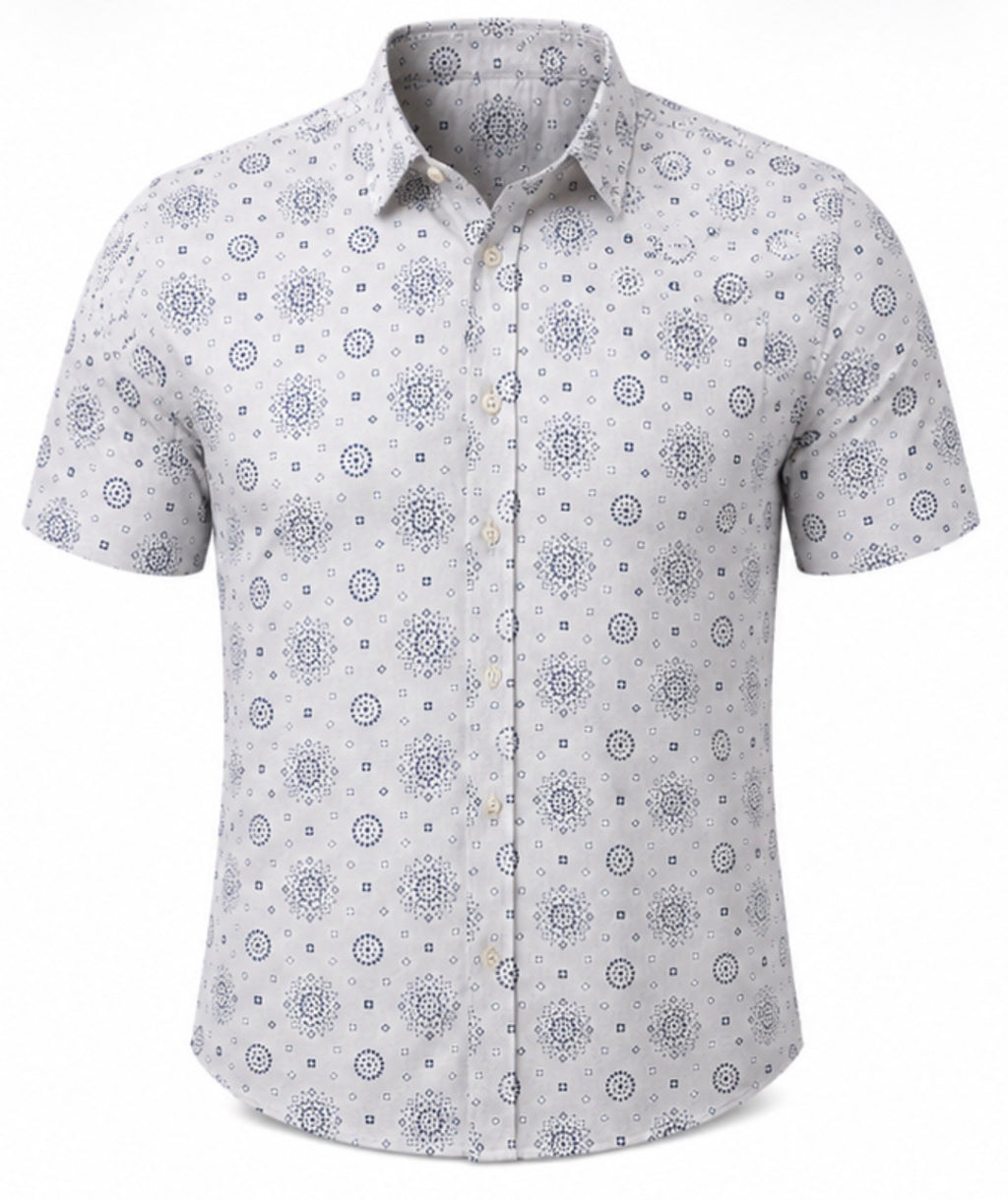 Men’s Printed Short Sleeve Button-Up Shirt – White/Navy