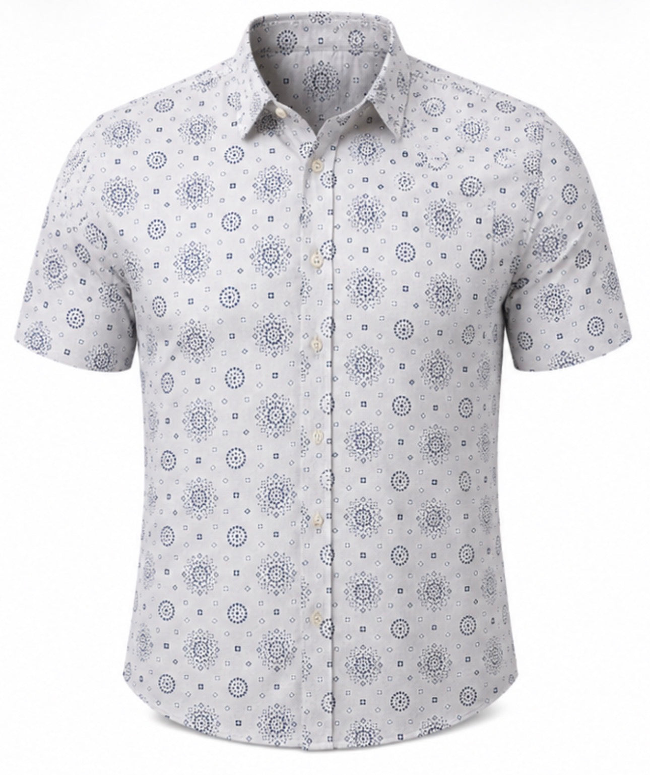Men’s Printed Short Sleeve Button-Up Shirt – White/Navy