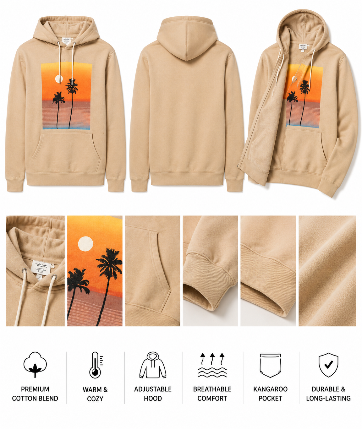 Men’s Beige Sunset Palm Tree Hoodie – Premium Graphic Pullover.Used(Like-New)