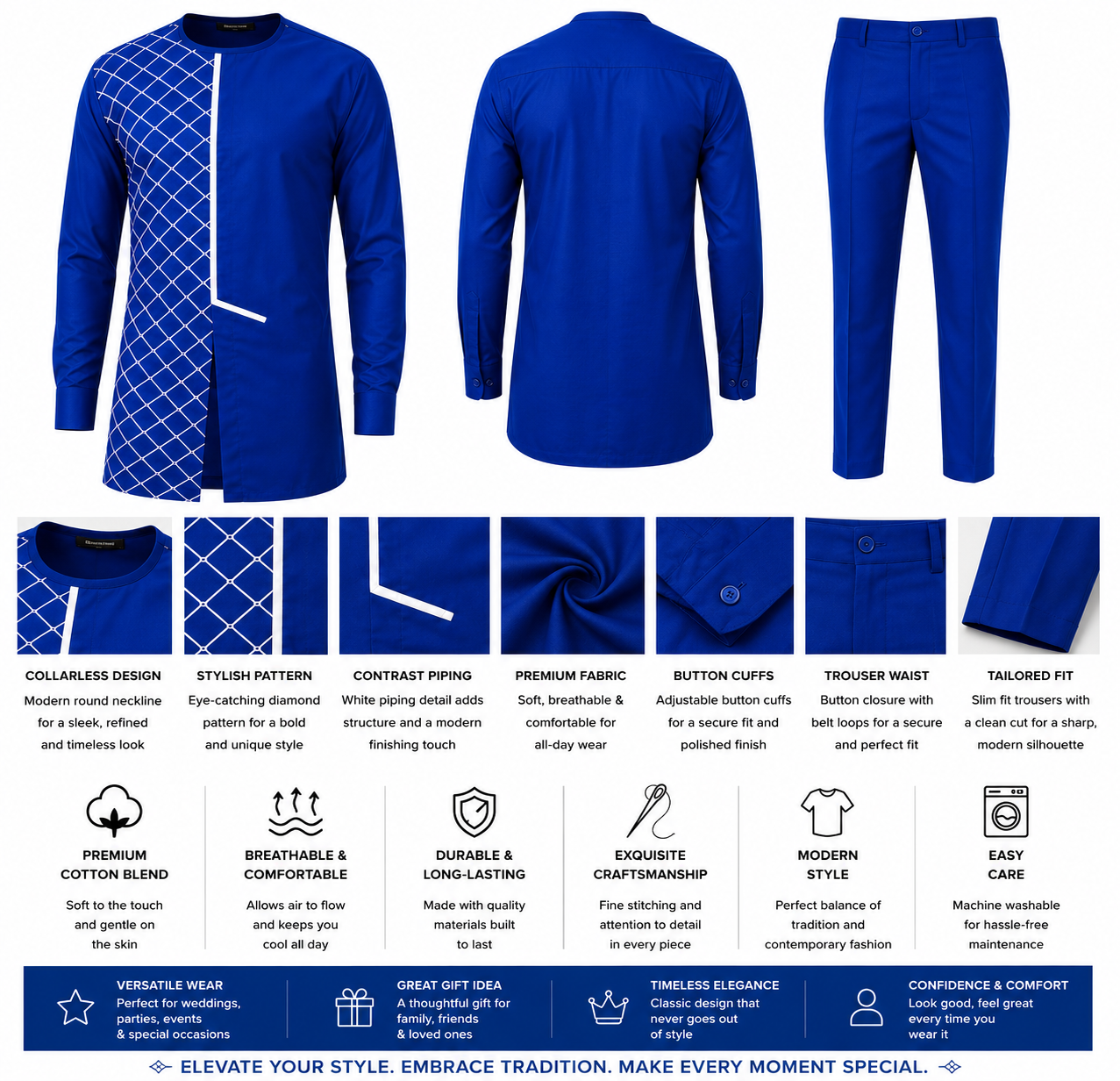 Men’s Royal Blue African Traditional Set – 2-Piece