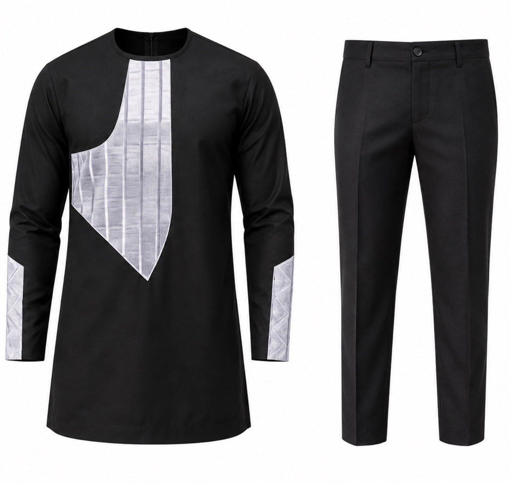 Men’s Modern African Traditional Set – Black/Silver (2-Piece)