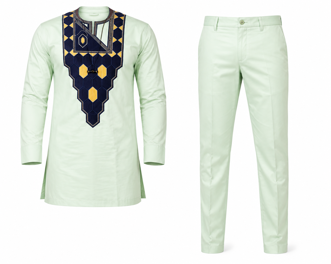 Men’s African Embroidered Traditional Set – Mint Green (2-Piece)