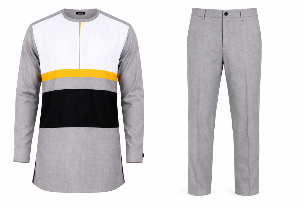 Men’s Luxury African Two-Piece Set – Gray, White, Black & Gold