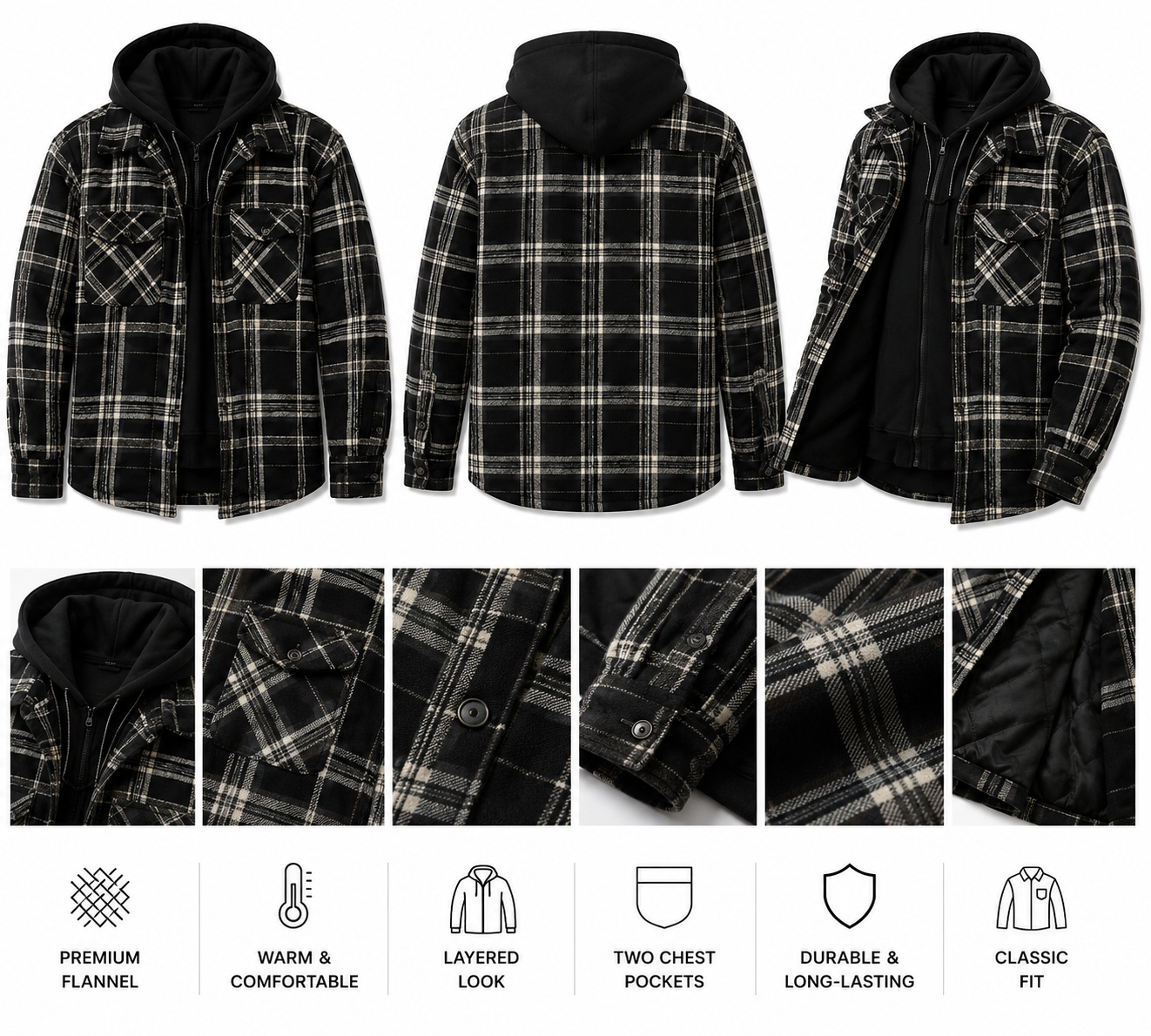 Men’s Black Plaid Hooded Flannel Jacket – Layered Streetwear Shirt Jacket.Used(Like-New)