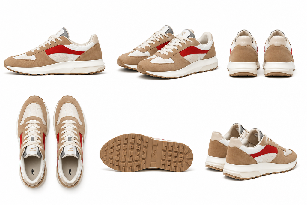 Zara Contrast Panel Retro Sneakers – Beige, White & Red.Used(Like-New)