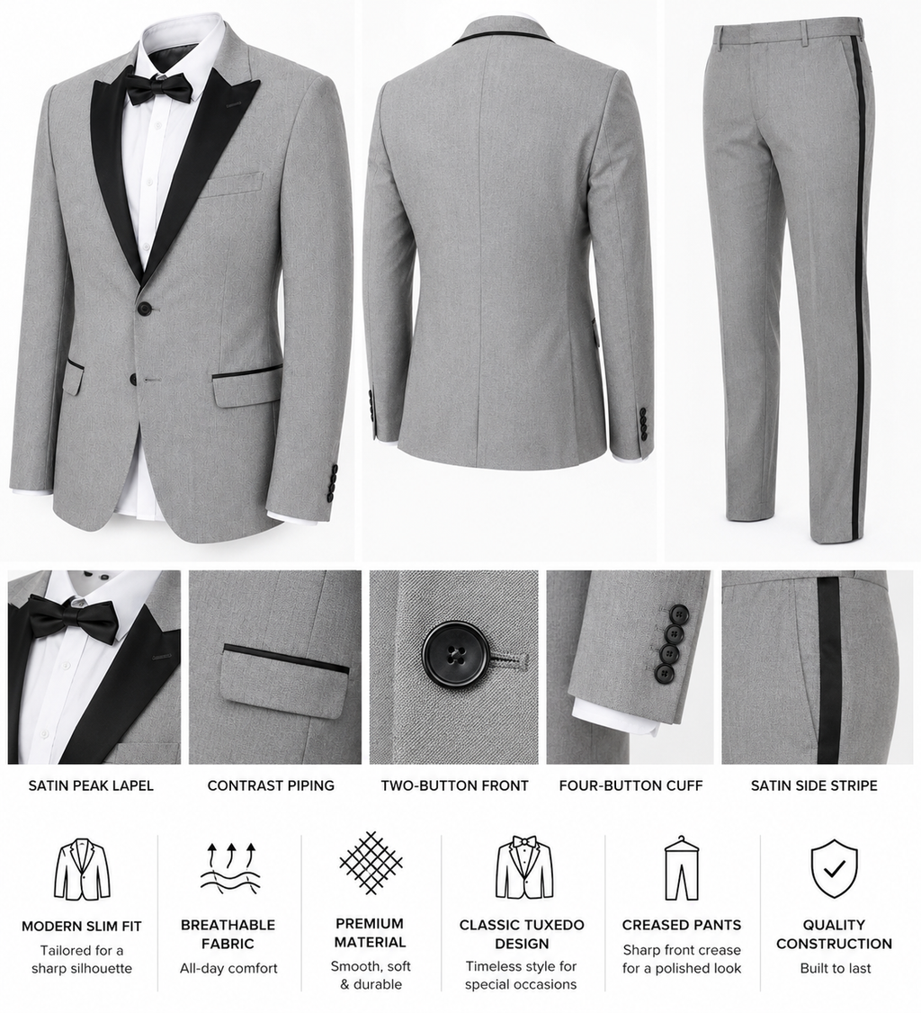 Men’s Slim Fit Light Gray Tuxedo with Black Satin Lapel – 3 Piece Formal Suit.