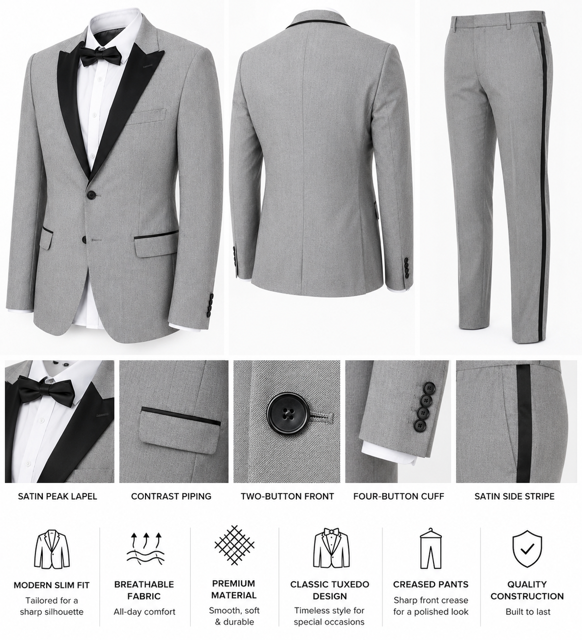 Men’s Slim Fit Light Gray Tuxedo with Black Satin Lapel – 3 Piece Formal Suit.