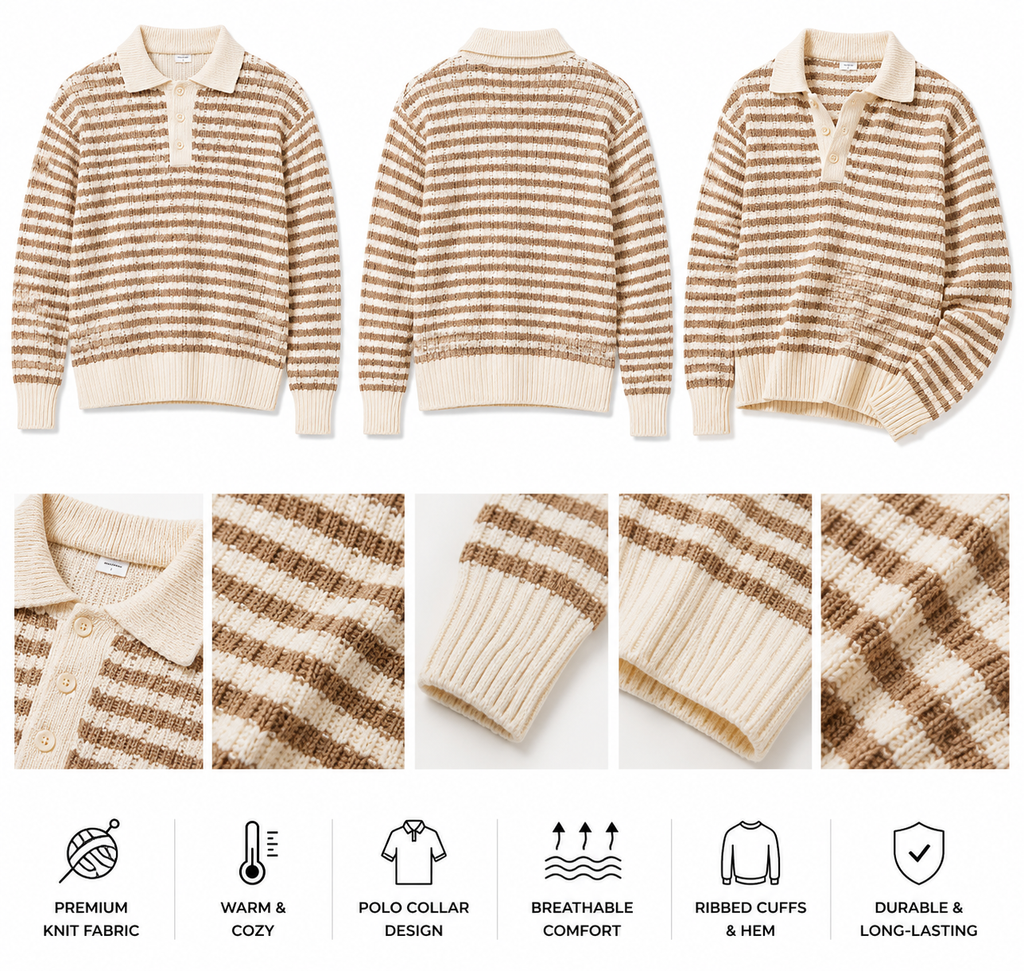 Men's Striped Knit Polo Sweater - Beige/Cream. Used(Like-New)