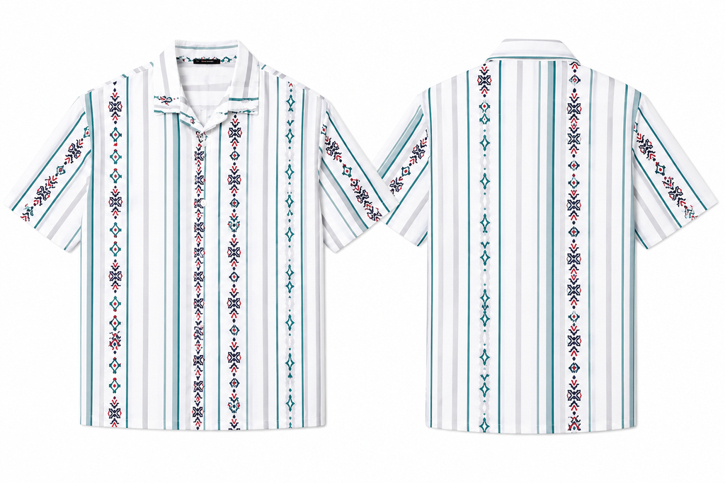 Men’s Embroidered Stripe Short Sleeve Shirt – White/Teal