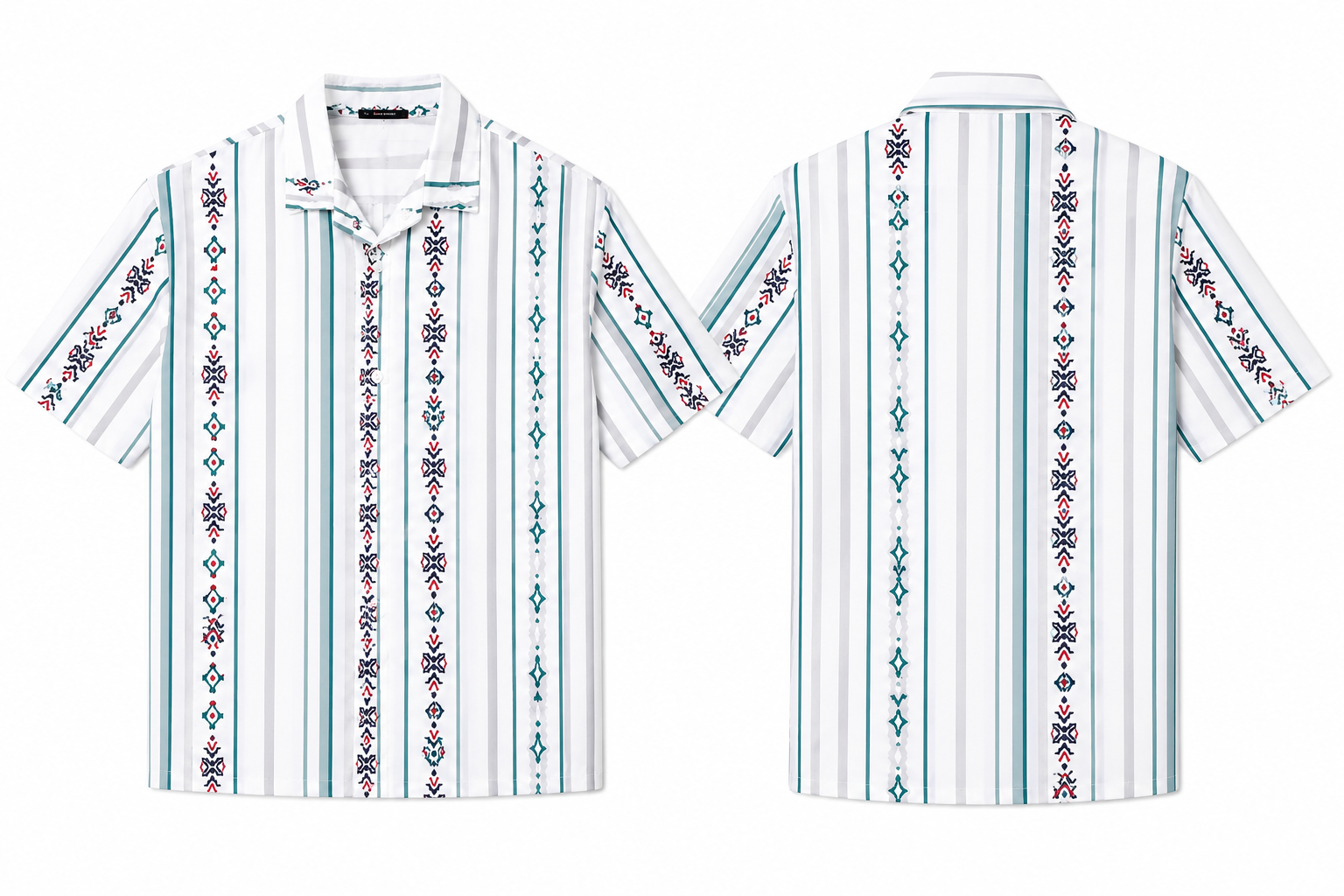 Men’s Embroidered Stripe Short Sleeve Shirt – White/Teal