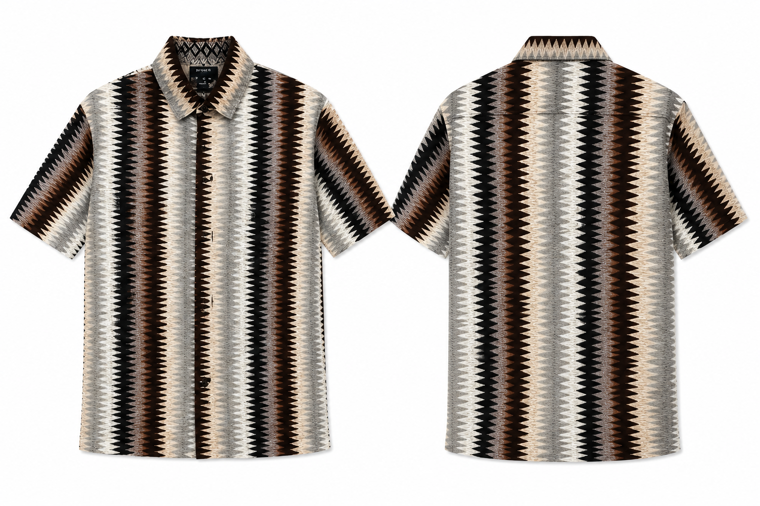 Men’s Geometric Stripe Button-Up Shirt – Beige/Brown/Black