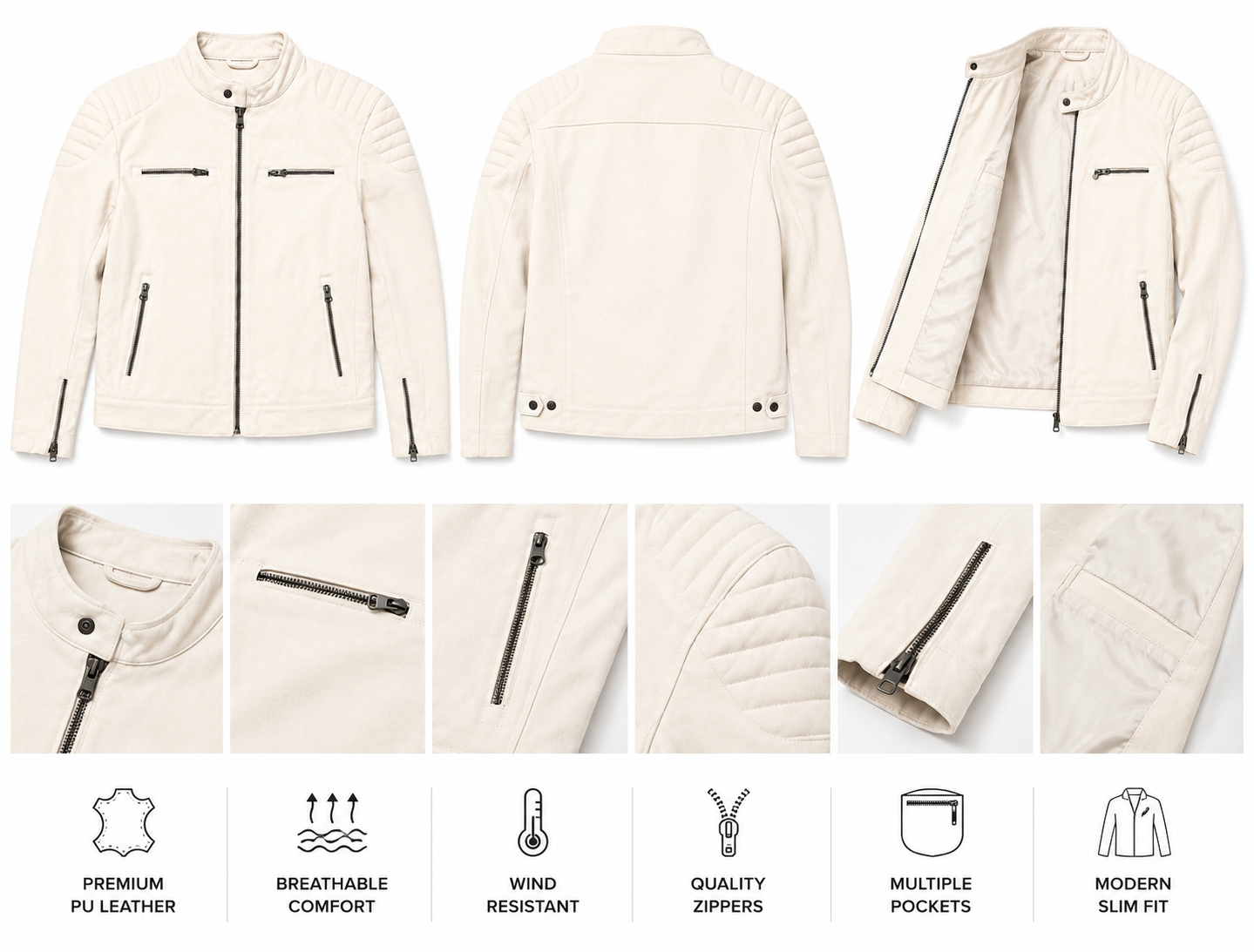 Premium Cream Slim-Fit PU Leather Moto Jacket.Used(Like-New)