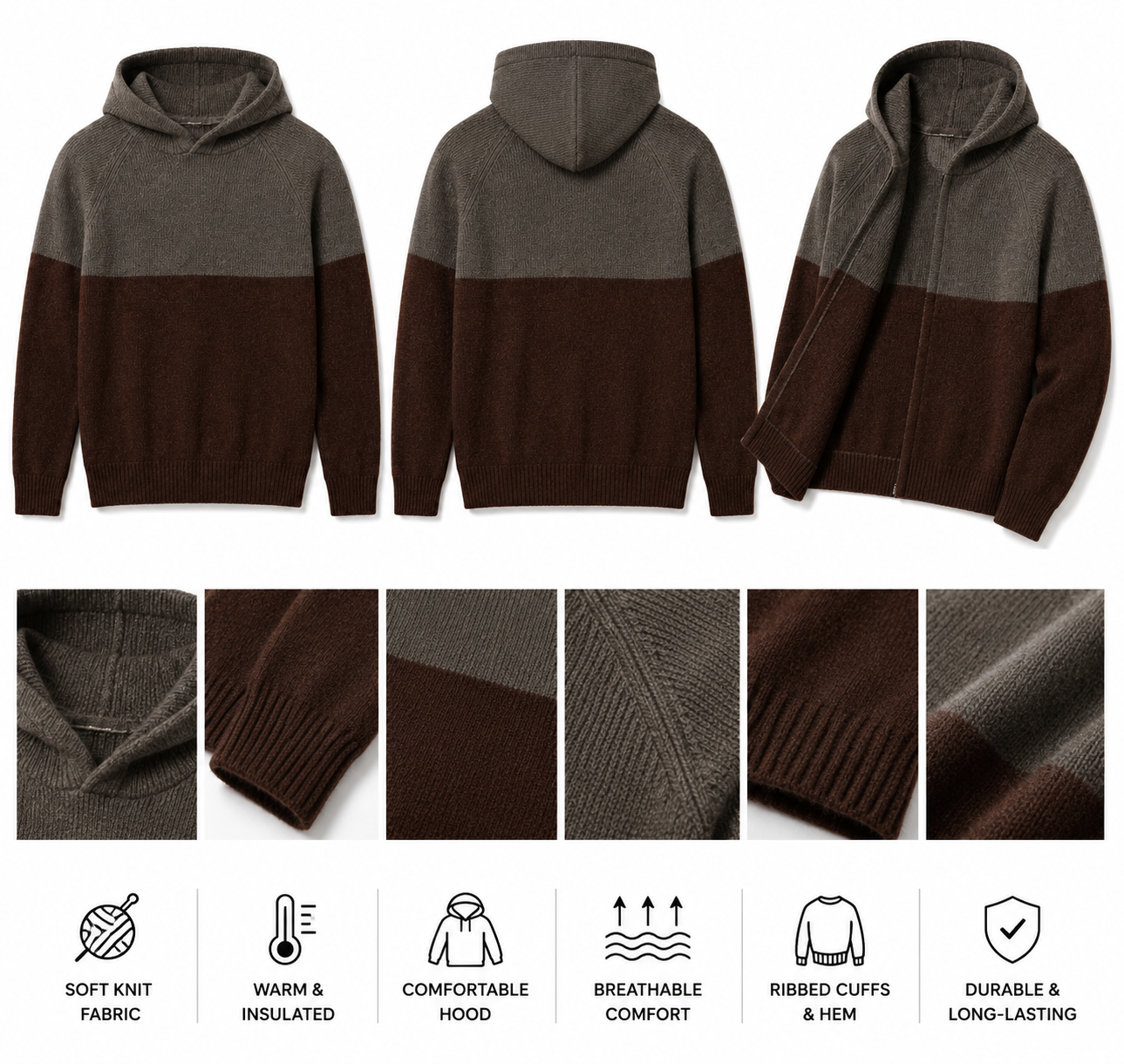 Men’s Two-Tone Knit Hoodie Sweater – Premium Casual Pullover. Used(Like-New)