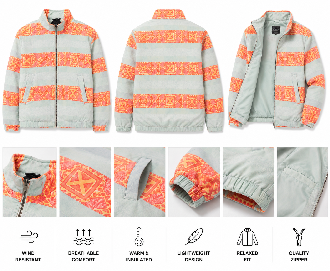 Tribal Stripe Lightweight Windbreaker Jacket – Mint & Orange. Used(Like-New)