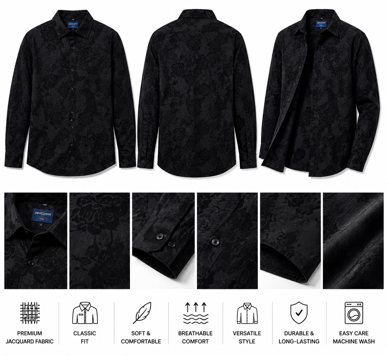 Men’s Black Floral Jacquard Dress Shirt – Luxury Slim Fit Button-Up. Used(Like-New)