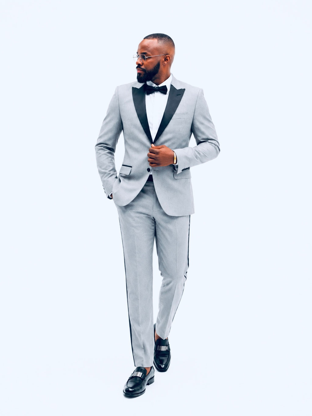 Men’s Slim Fit Light Gray Tuxedo with Black Satin Lapel – 3 Piece Formal Suit.