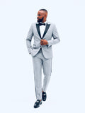 Men’s Slim Fit Light Gray Tuxedo with Black Satin Lapel – 3 Piece Formal Suit.