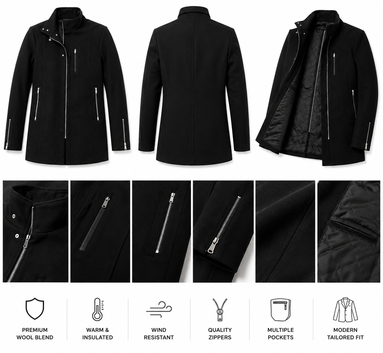 Premium Black Wool Blend Tailored Coat.Used(Like-New)