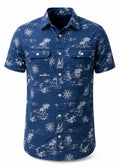 Men’s Coastal Print Short Sleeve Button-Up Shirt – Navy Blue. Used(Like-New)