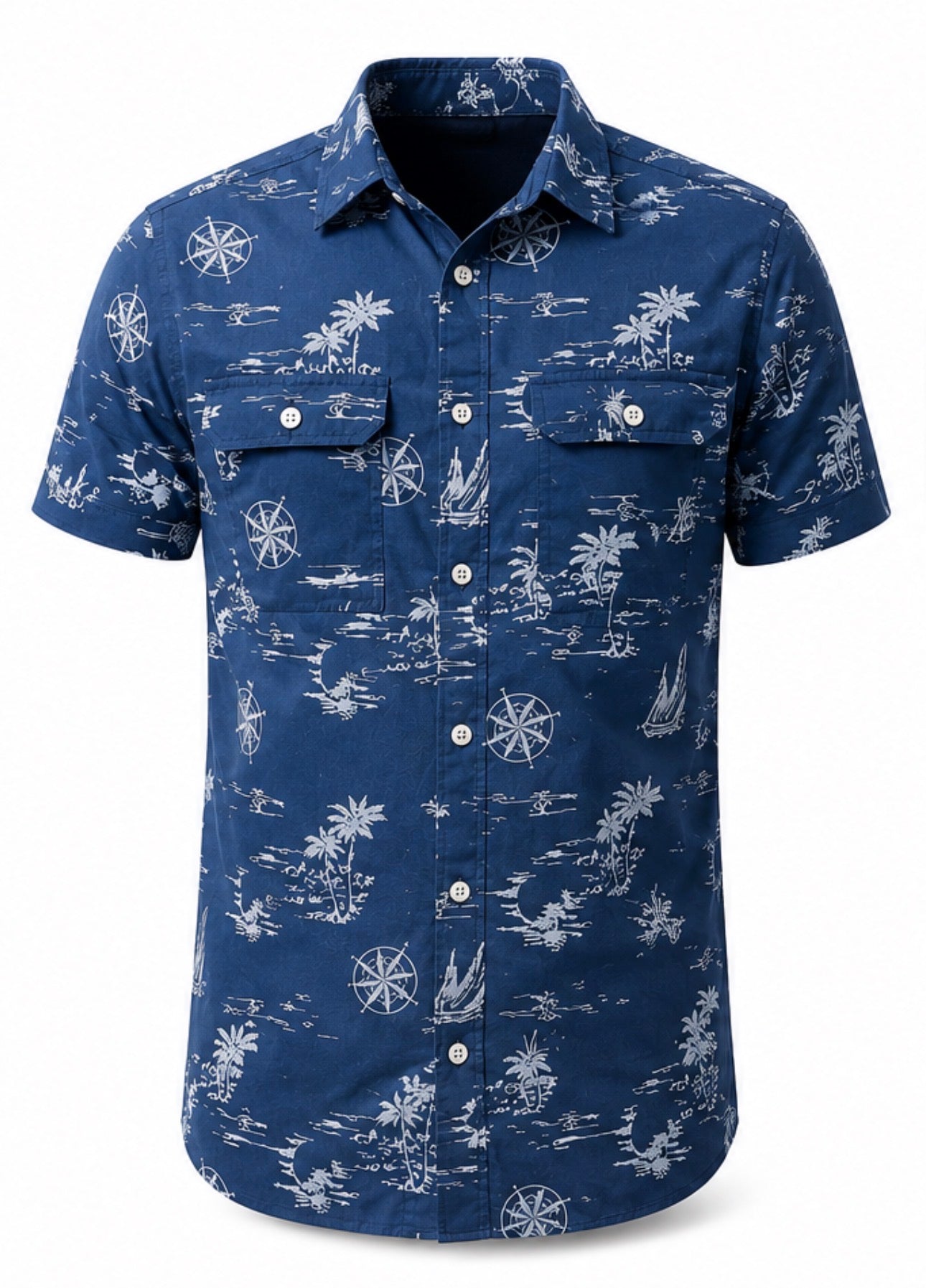 Men’s Coastal Print Short Sleeve Button-Up Shirt – Navy Blue. Used(Like-New)