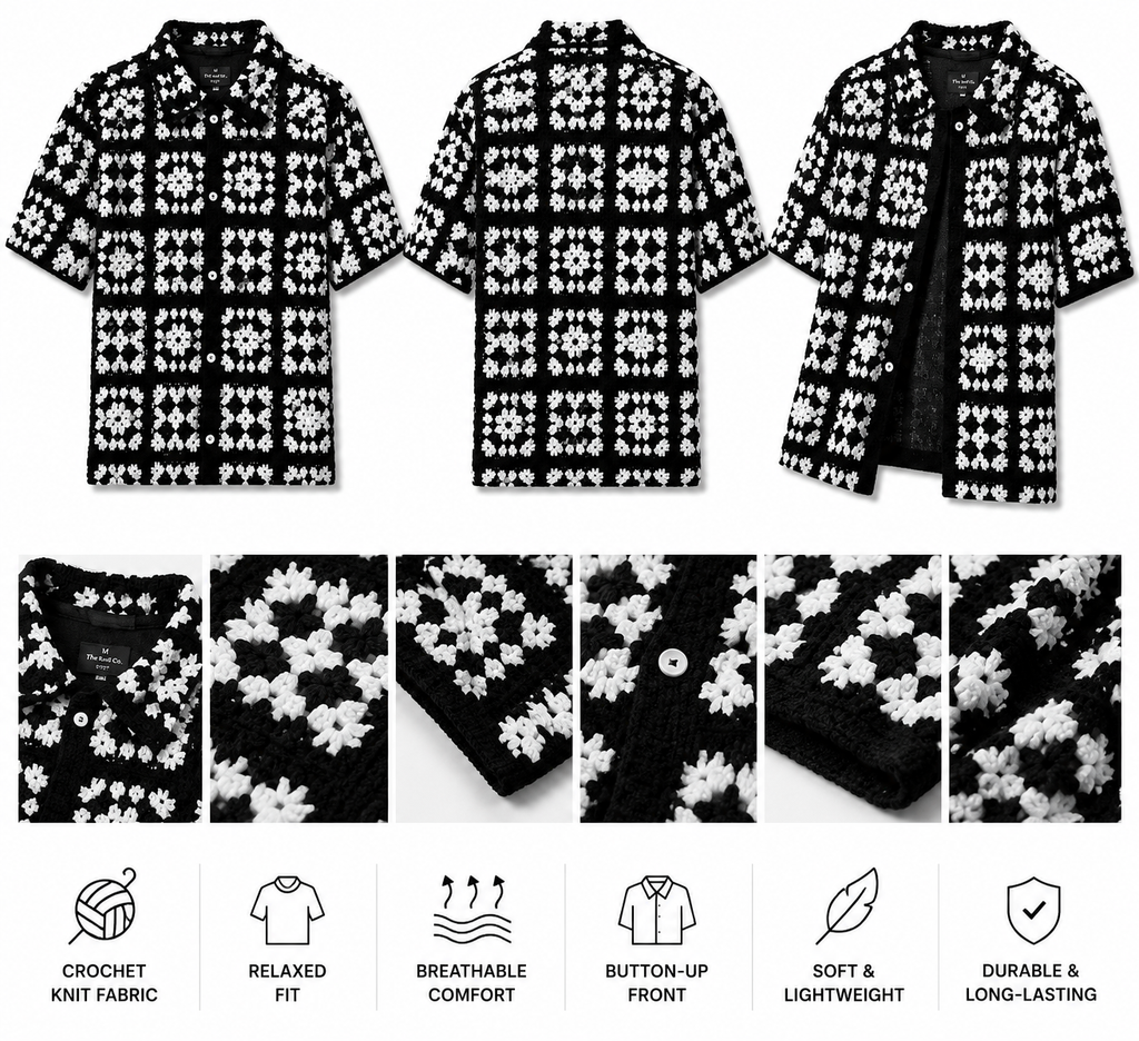 Men's Luxury Black & White Crochet Short Sleeve Shirt.Used(Like-New)