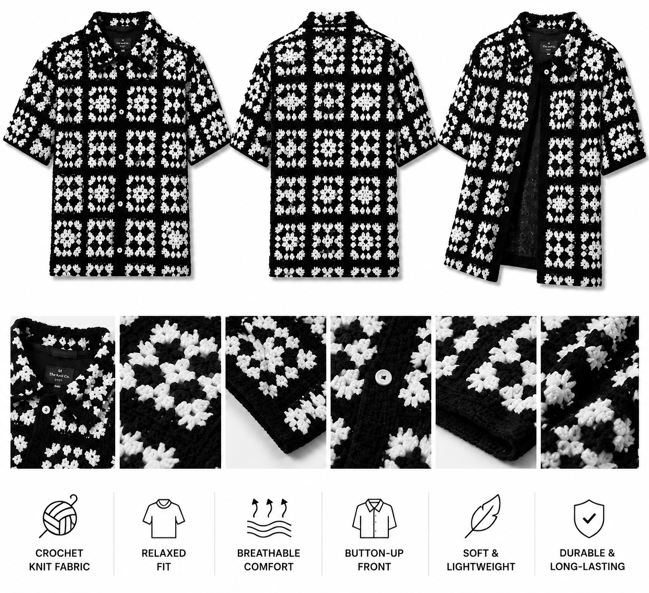 Men's Luxury Black & White Crochet Short Sleeve Shirt.Used(Like-New)