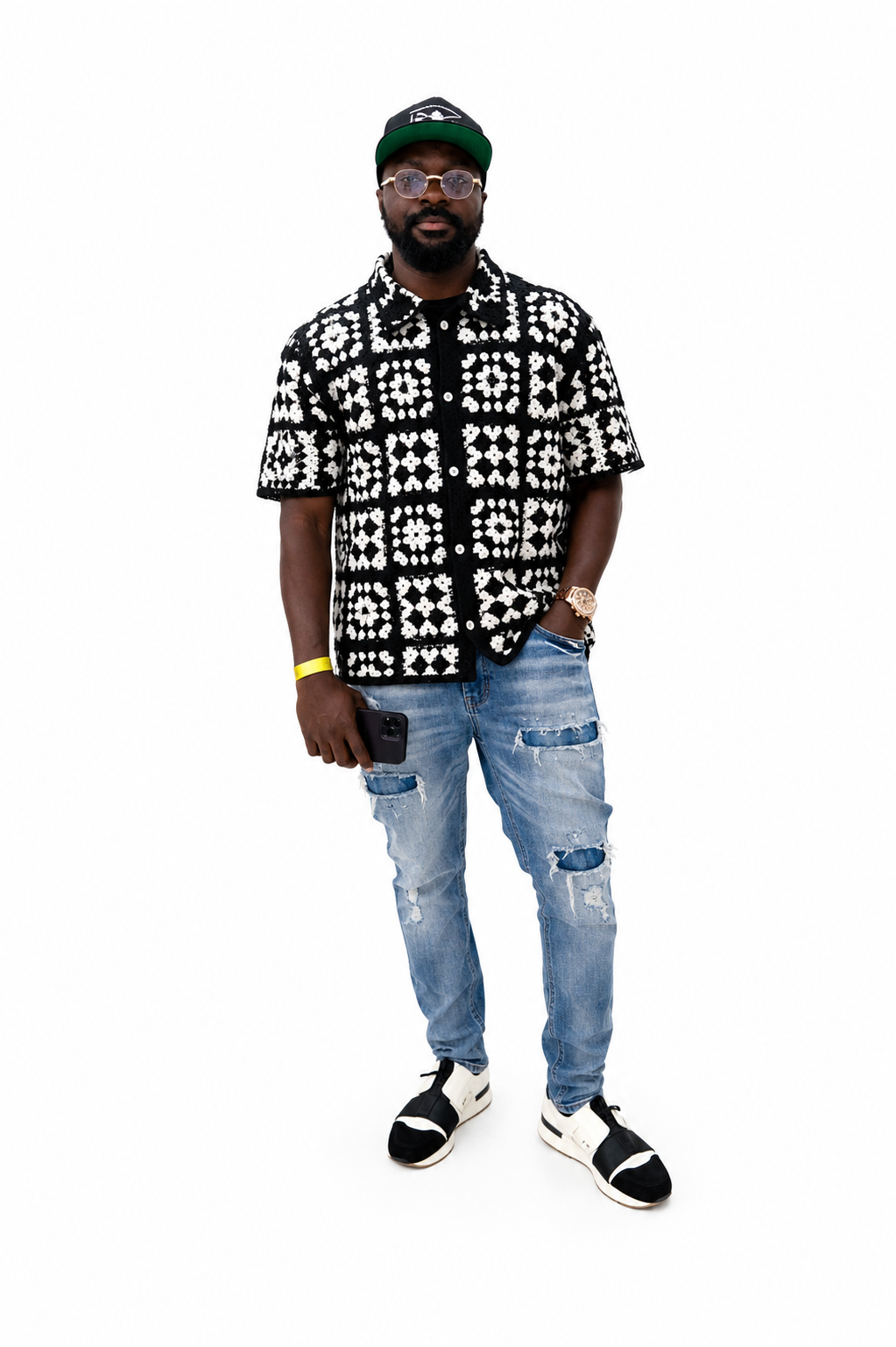 Men's Luxury Black & White Crochet Short Sleeve Shirt.Used(Like-New)