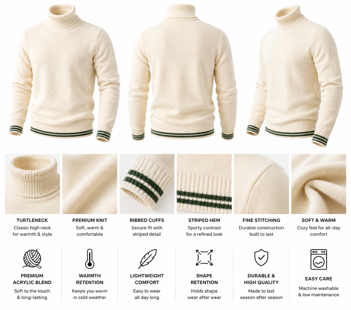 Men’s Premium Turtleneck Sweater – Black & Beige.Used(Like-New)