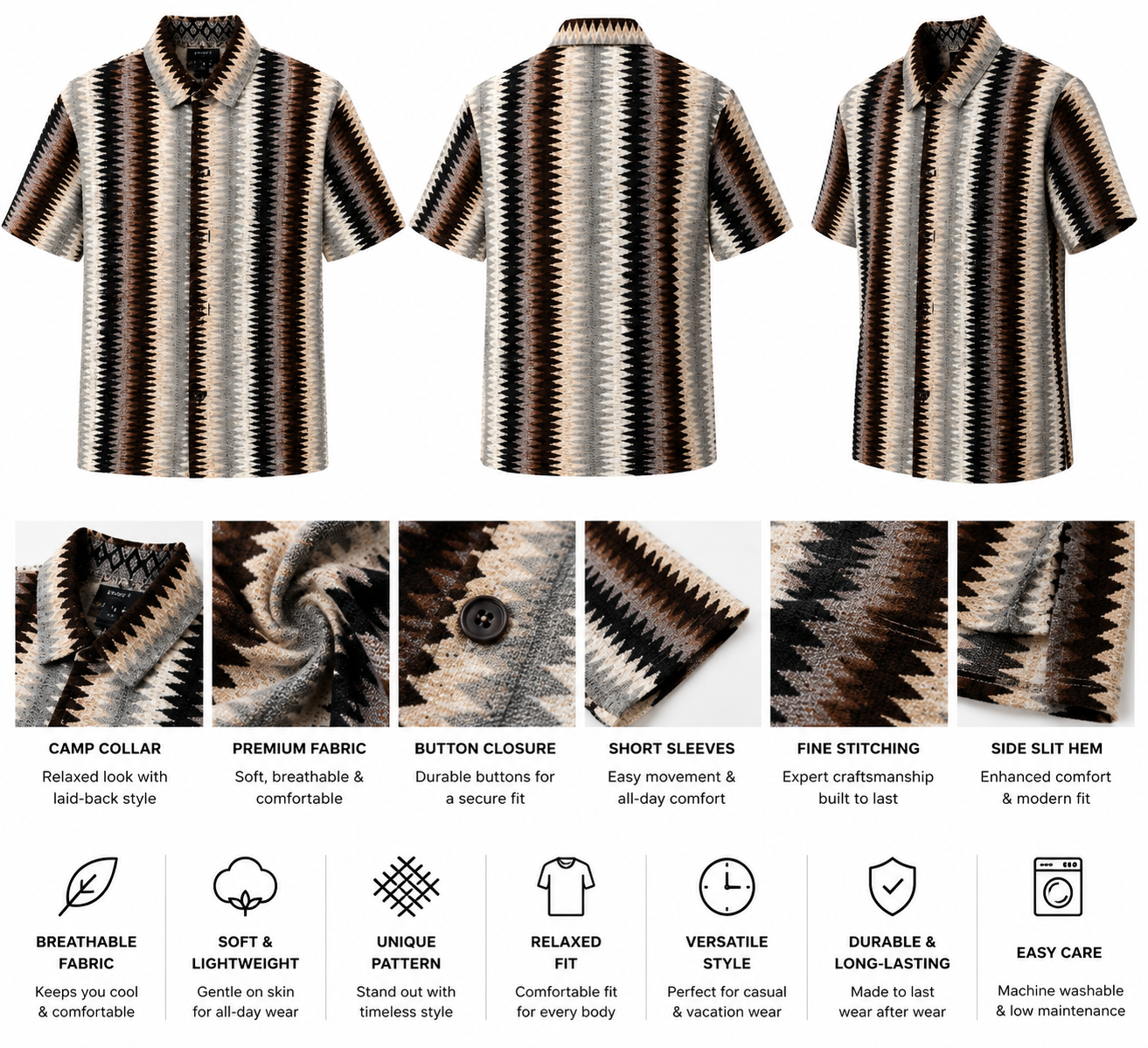 Men’s Geometric Stripe Button-Up Shirt – Beige/Brown/Black