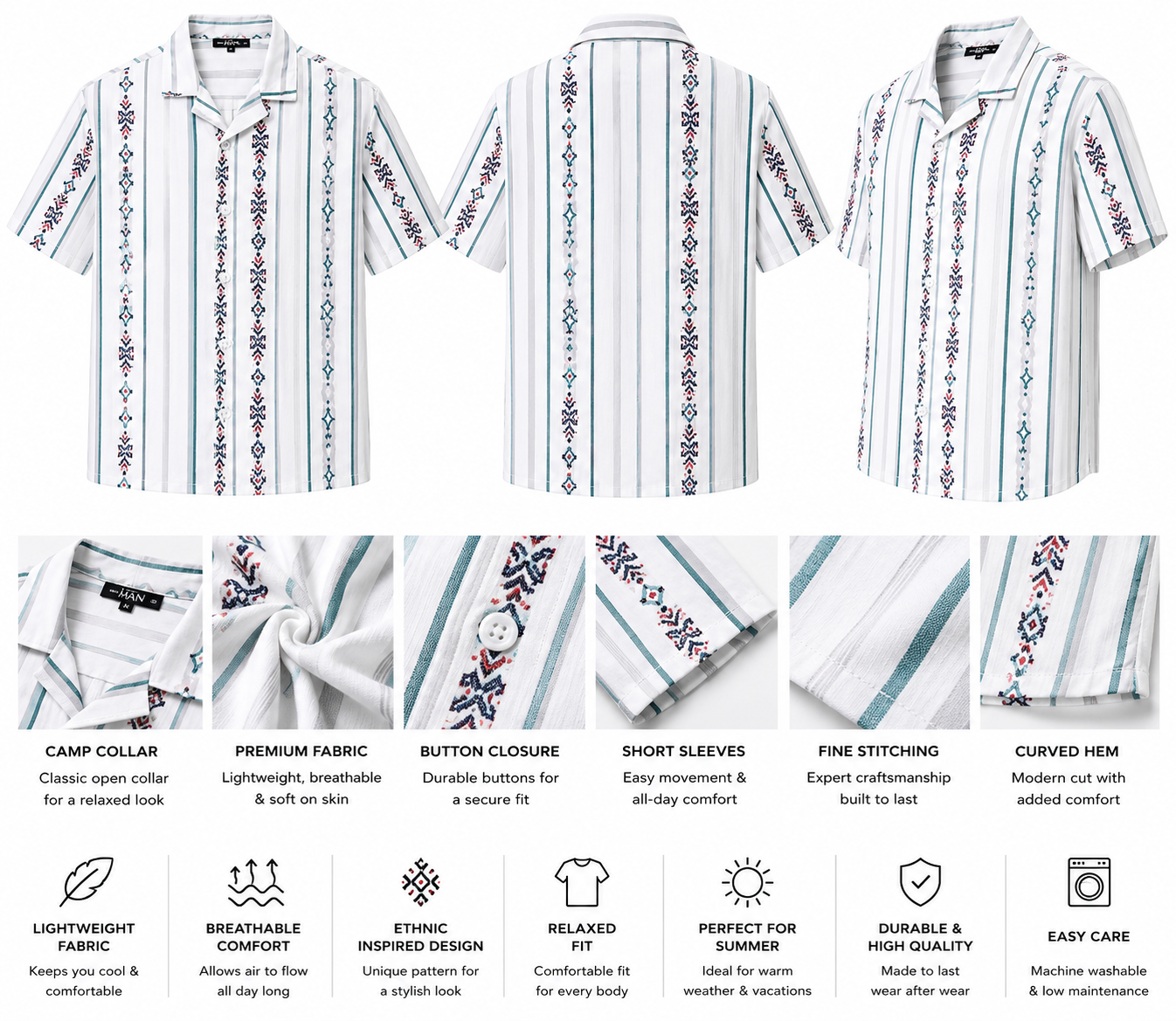 Men’s Embroidered Stripe Short Sleeve Shirt – White/Teal