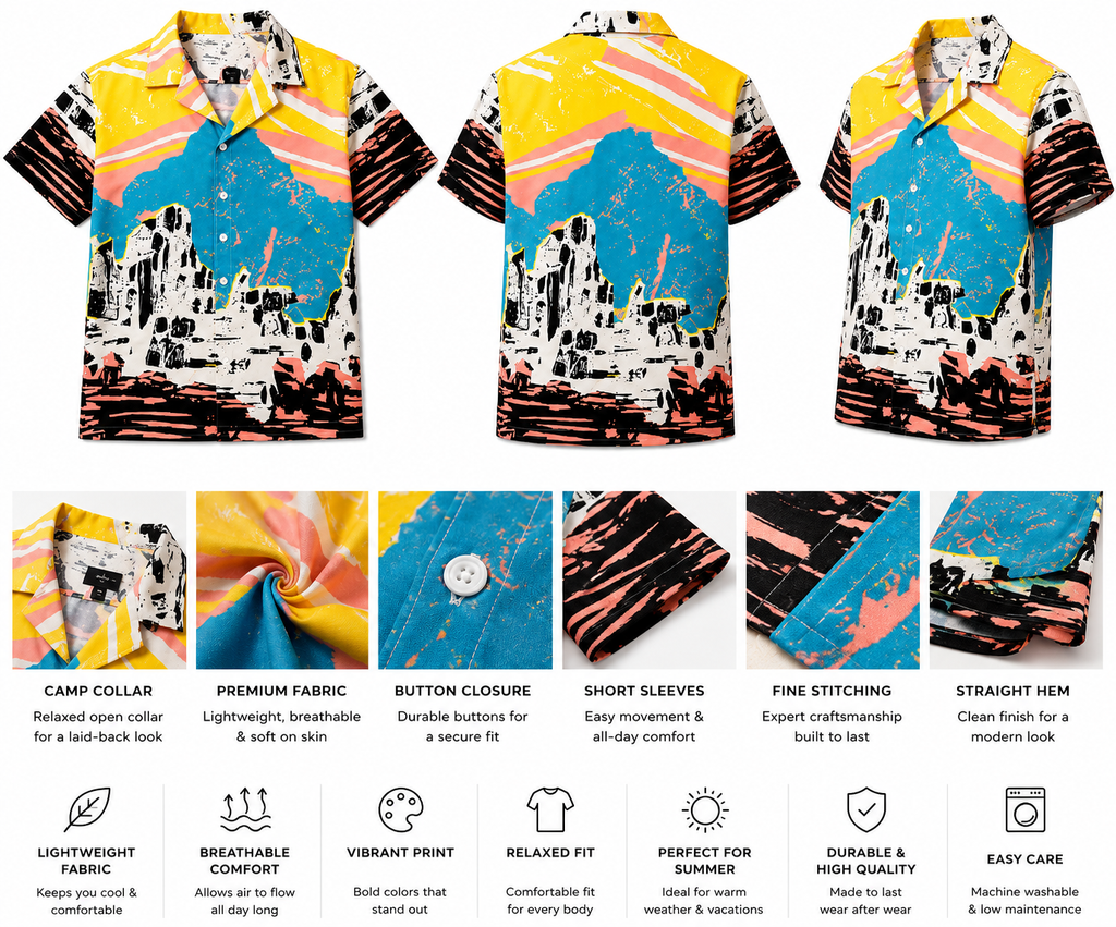 Men’s Artistic Landscape Print Short Sleeve Shirt – Multicolor