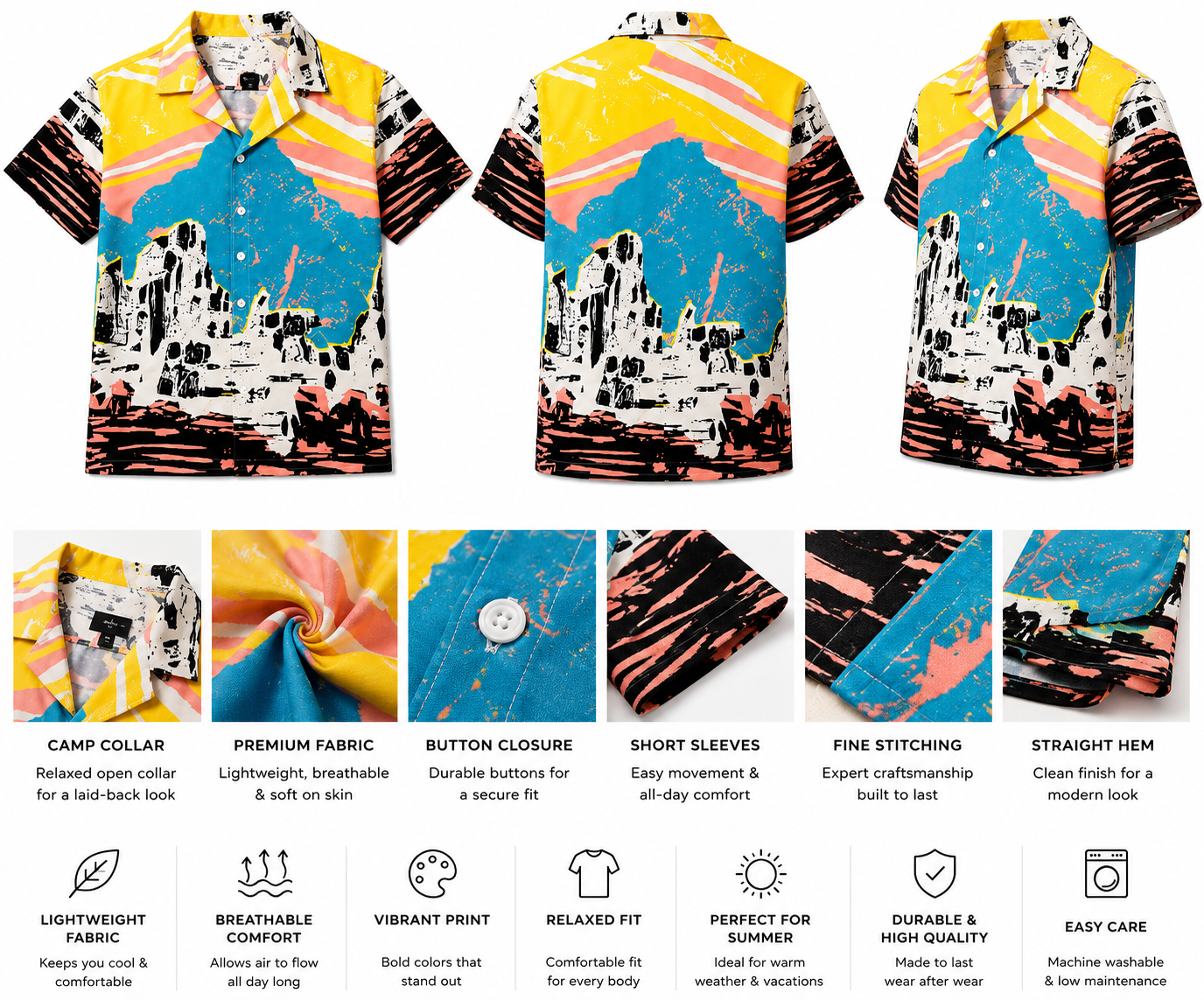 Men’s Artistic Landscape Print Short Sleeve Shirt – Multicolor