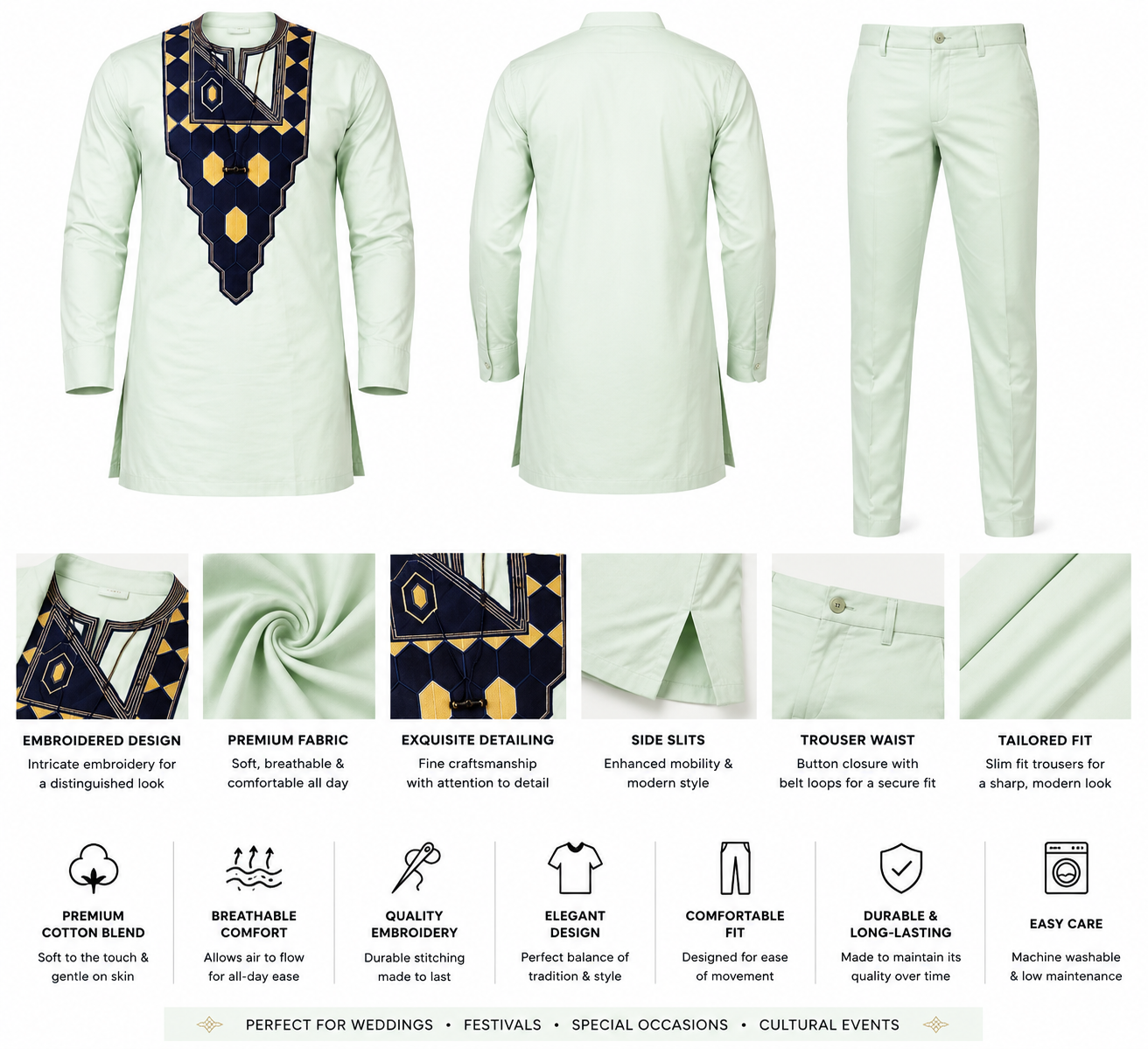 Men’s African Embroidered Traditional Set – Mint Green (2-Piece)