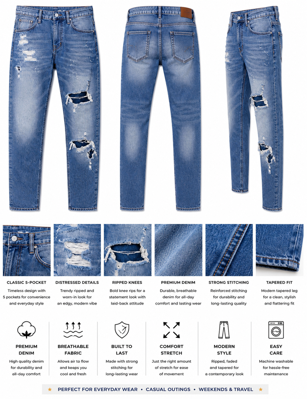 Men’s Distressed Slim Fit Jeans – Light Wash Blue.Used(Like-New)