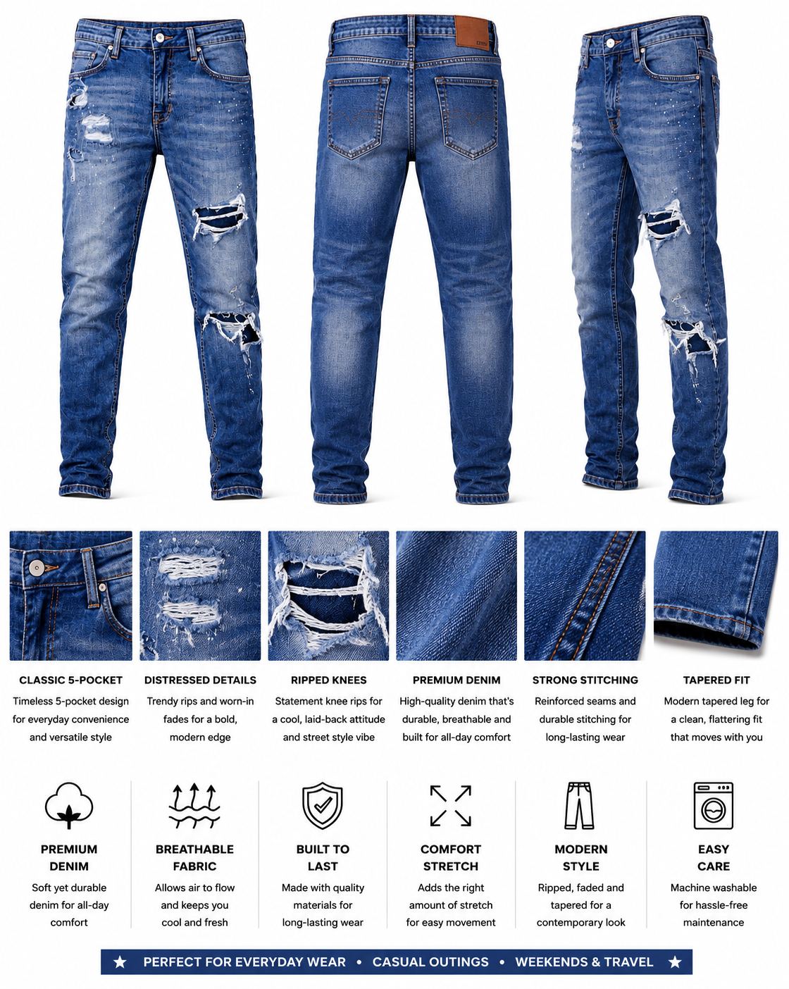 Men’s Distressed Skinny Jeans – Medium Wash Blue.Used(Like-New)