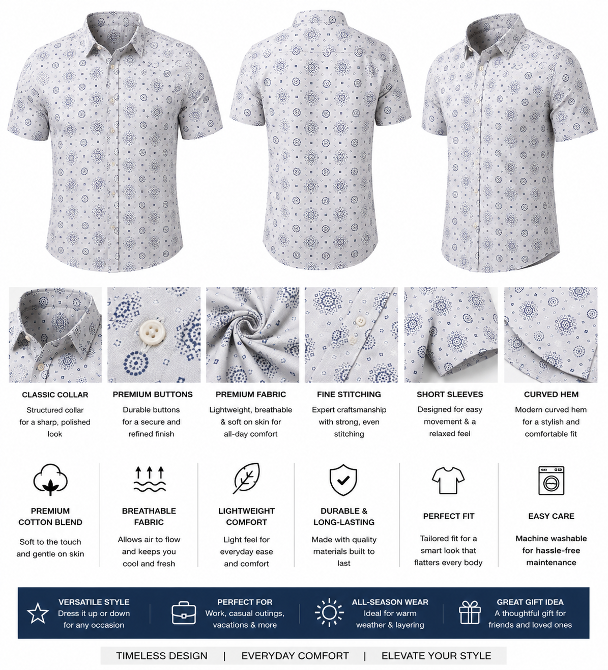 Men’s Printed Short Sleeve Button-Up Shirt – White/Navy