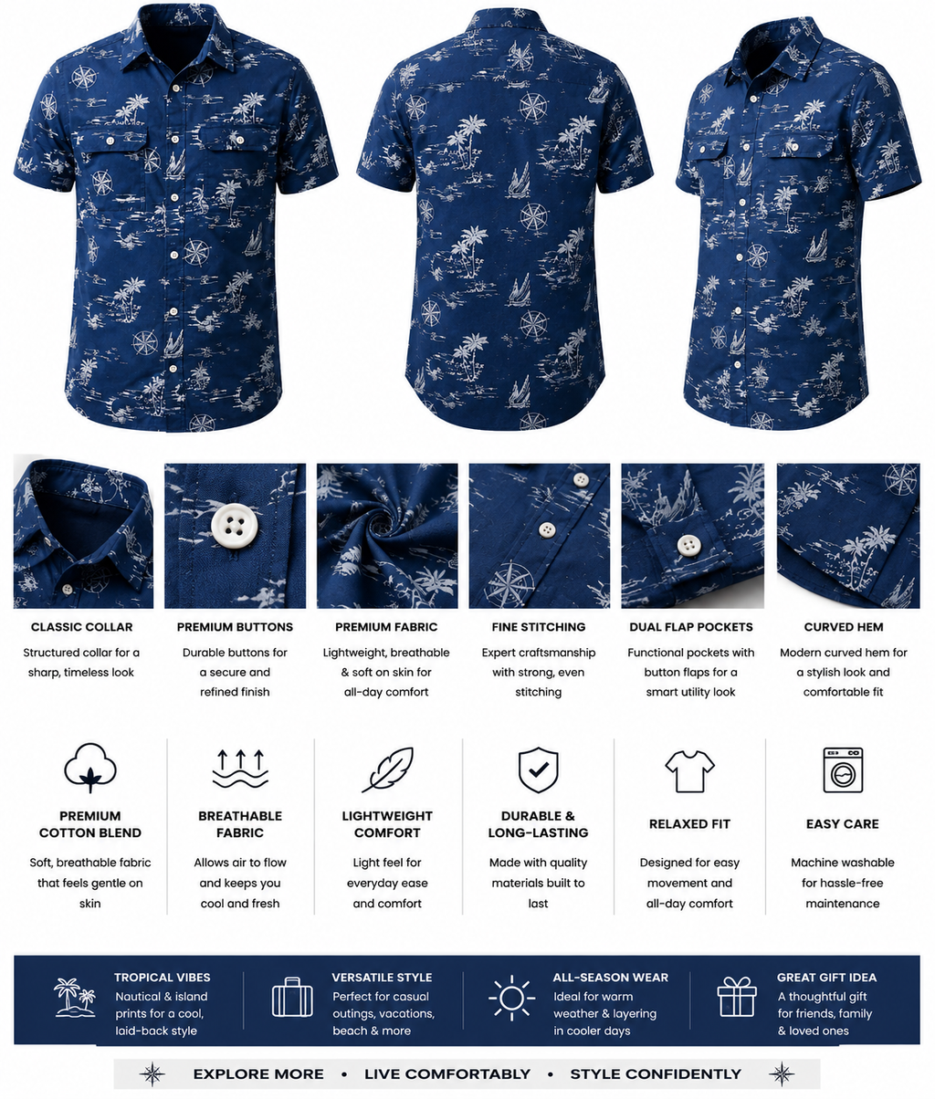 Men’s Coastal Print Short Sleeve Button-Up Shirt – Navy Blue. Used(Like-New)