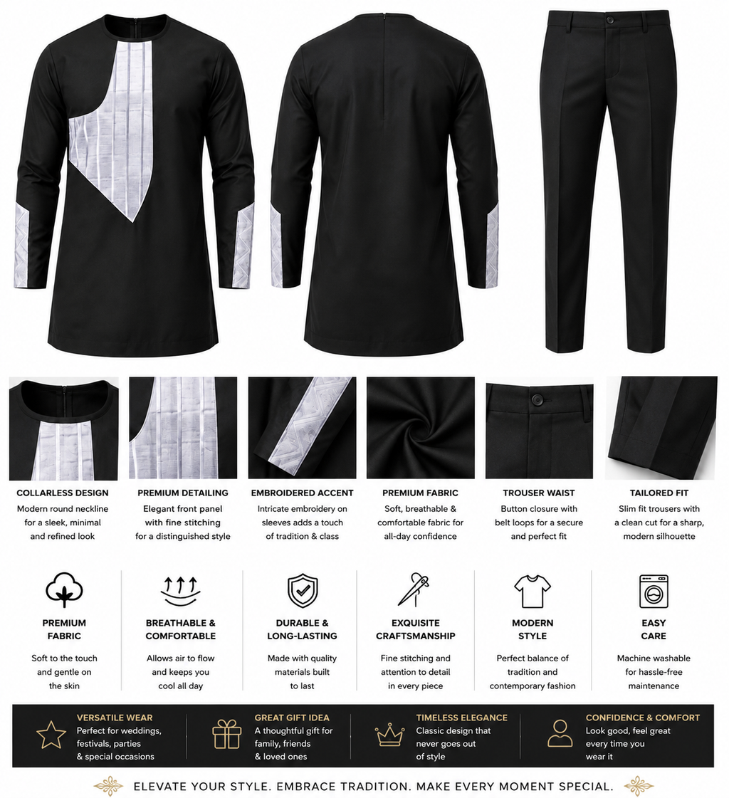 Men’s Modern African Traditional Set – Black/Silver (2-Piece)
