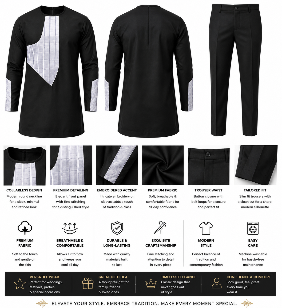 Men’s Modern African Traditional Set – Black/Silver (2-Piece)