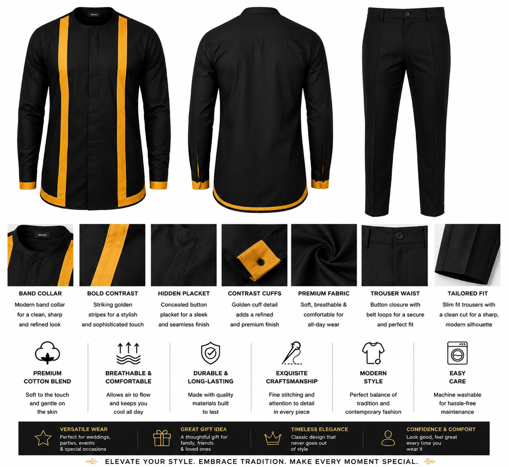 Men’s Premium African Traditional Set – Black/Gold (2-Piece)