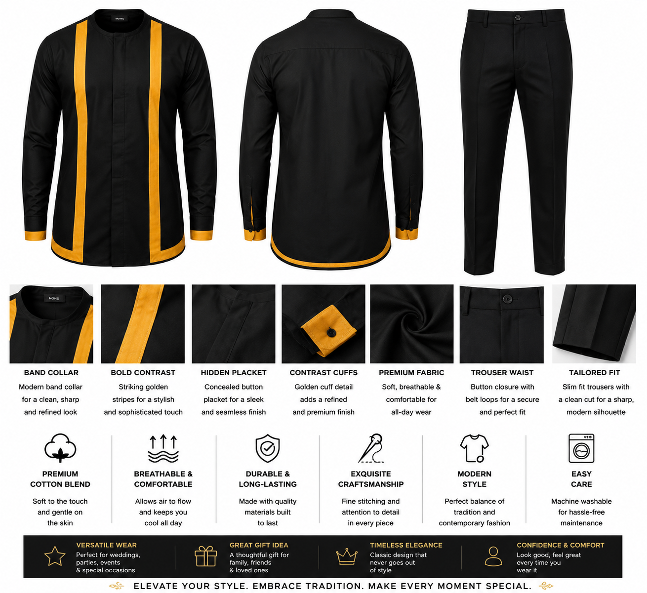 Men’s Premium African Traditional Set – Black/Gold (2-Piece)