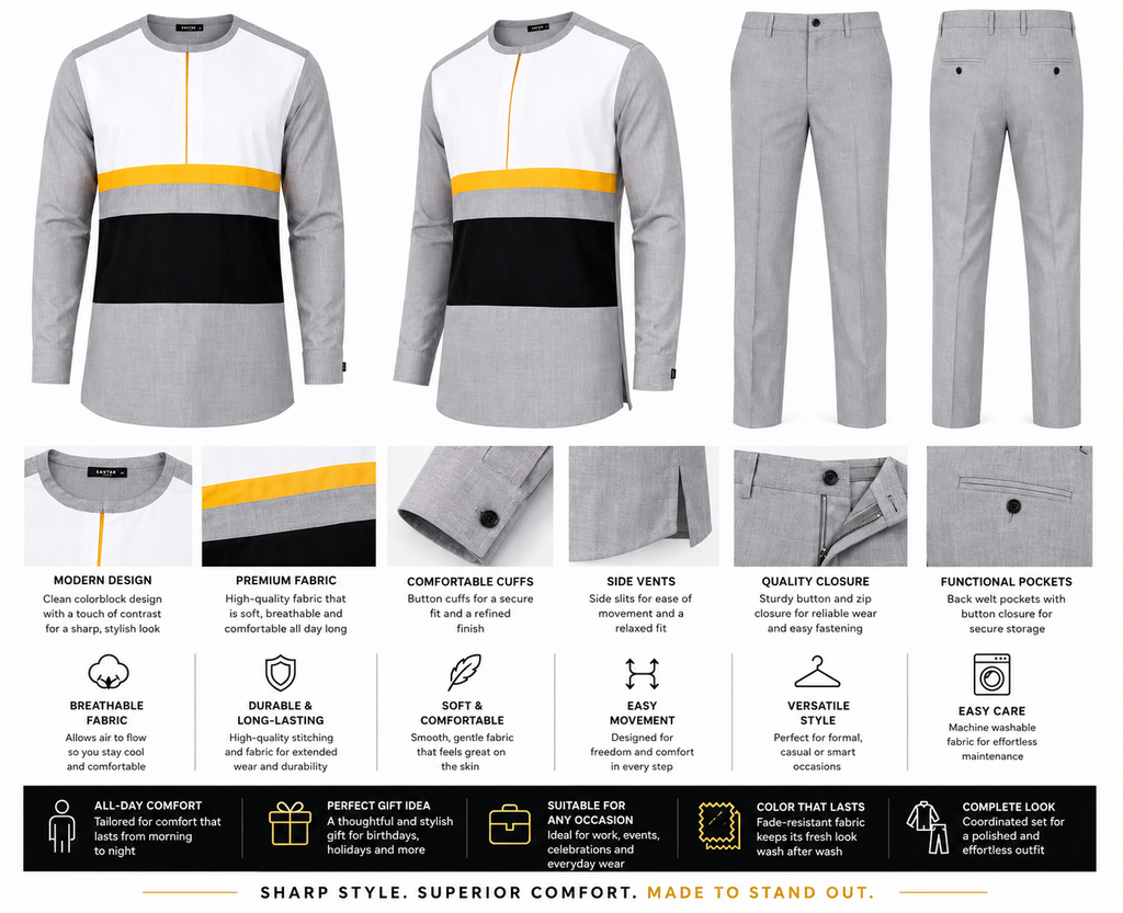 Men’s Luxury African Two-Piece Set – Gray, White, Black & Gold