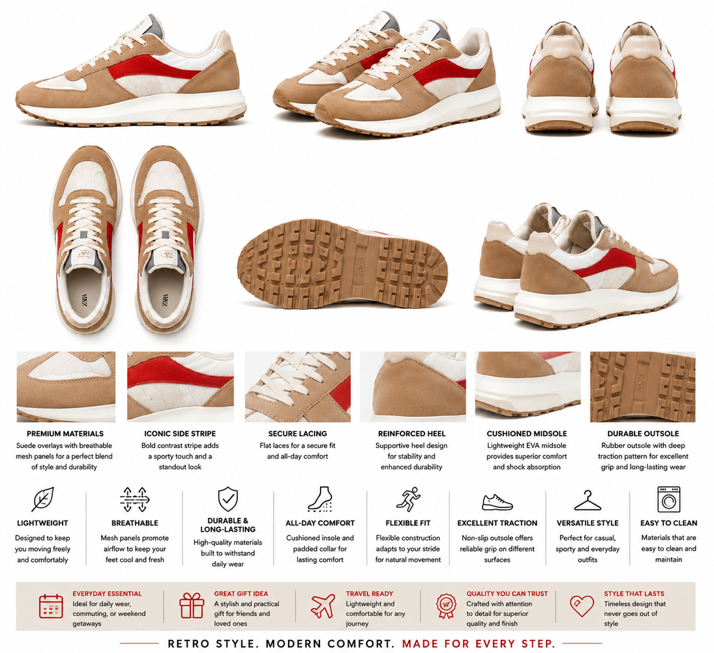 Zara Contrast Panel Retro Sneakers – Beige, White & Red.Used(Like-New)