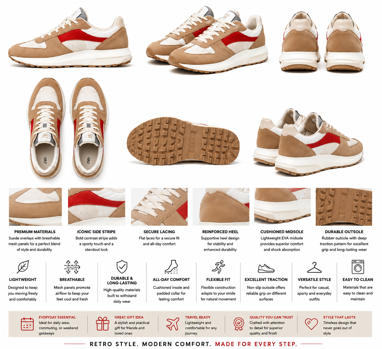 Zara Contrast Panel Retro Sneakers – Beige, White & Red.Used(Like-New)