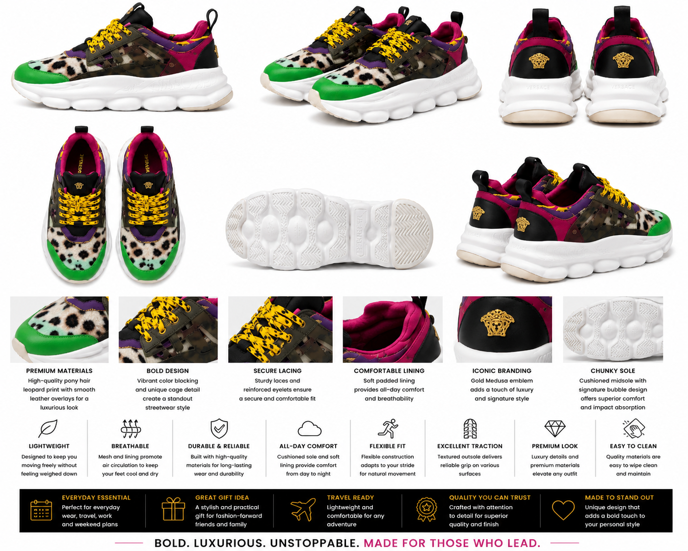 Versace Chain Reaction Sneakers – Multicolor Leopard Print.Used(Like-New)