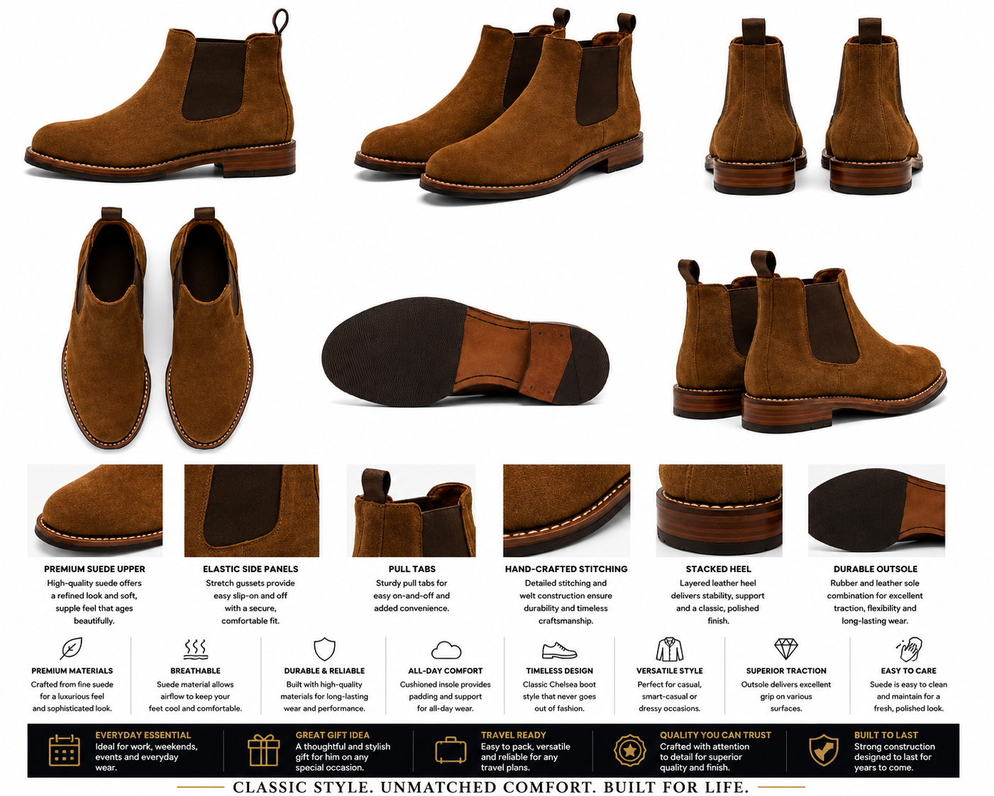 Men’s Brown Suede Chelsea Boots – Classic Slip-On Dress Boots. Used(Like-New)