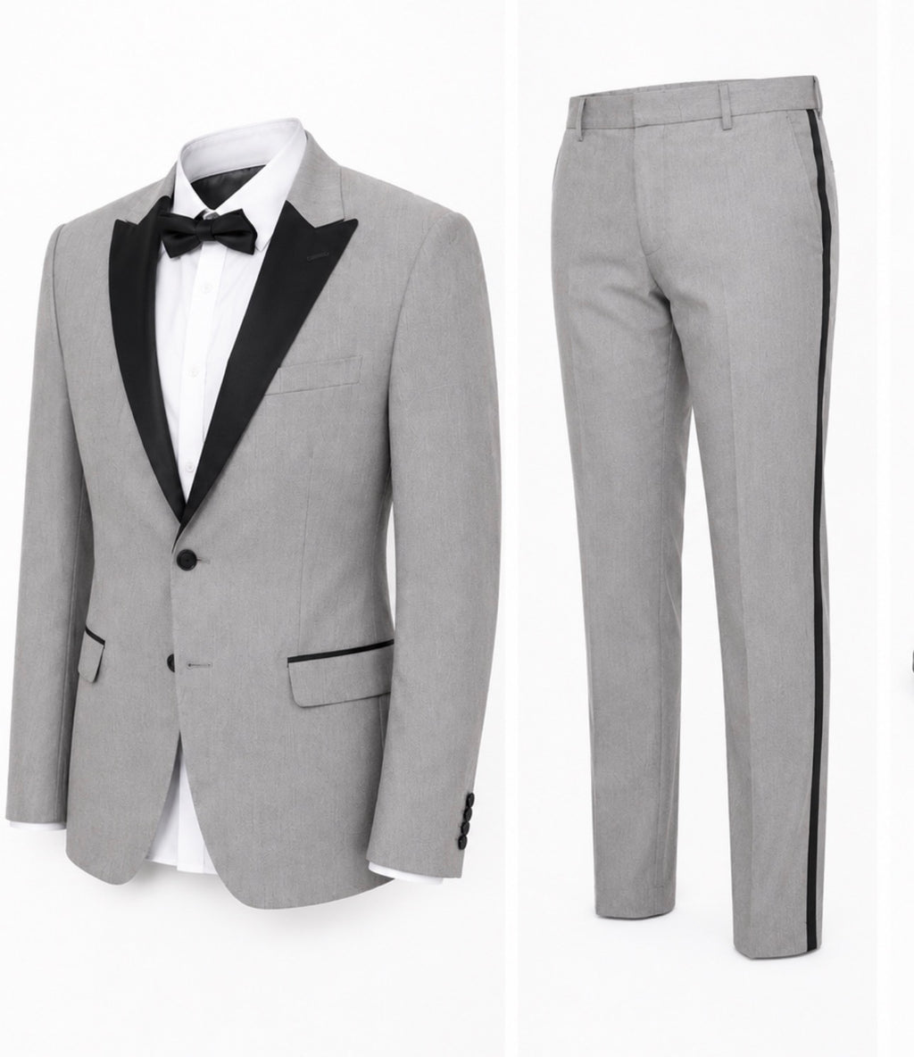 Men’s Slim Fit Light Gray Tuxedo with Black Satin Lapel – 3 Piece Formal Suit.